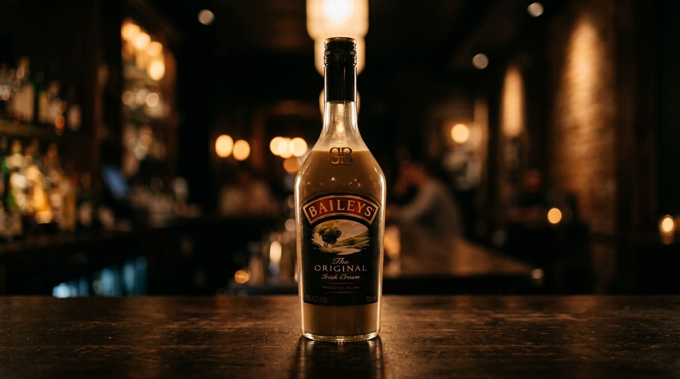 Baileys Irish Cream bottle on a dark bar.