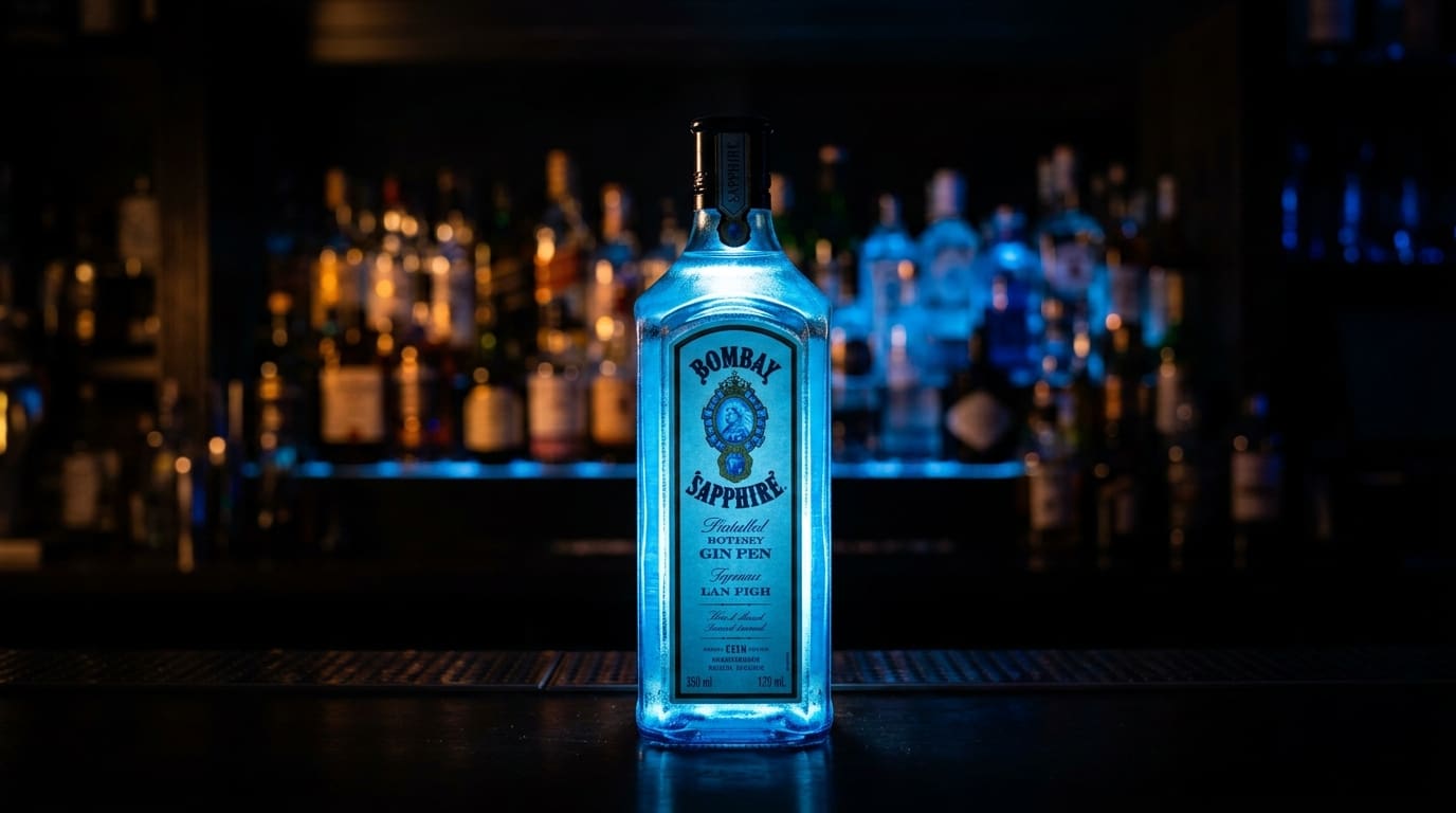 Bombay Sapphire gin bottle on a dark bar surface, blue glass glowing.