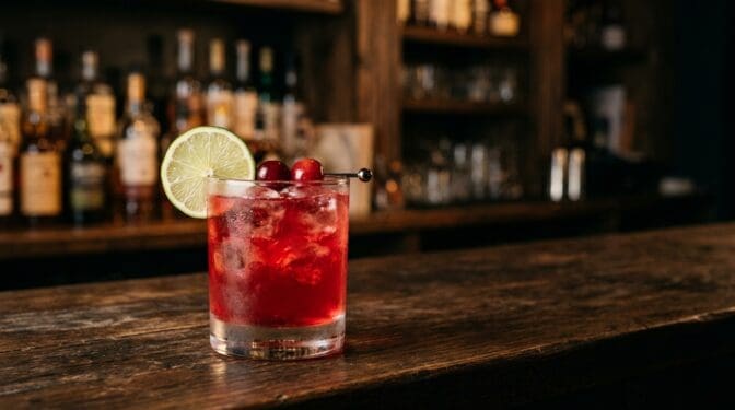 Code Red cherry cocktail in a rocks glass with a lime wheel