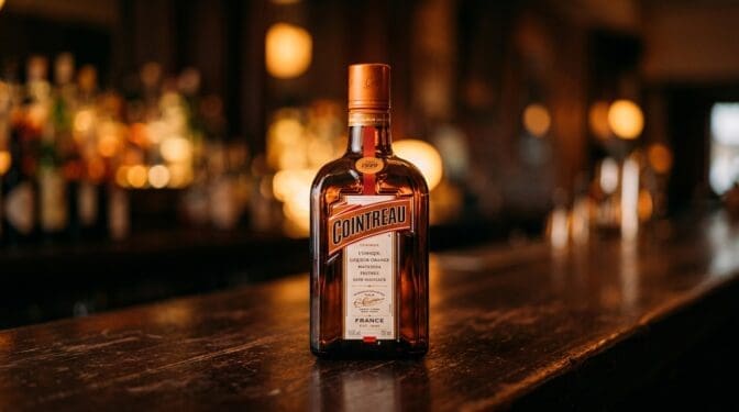 Cointreau orange liqueur bottle on a dark bar.