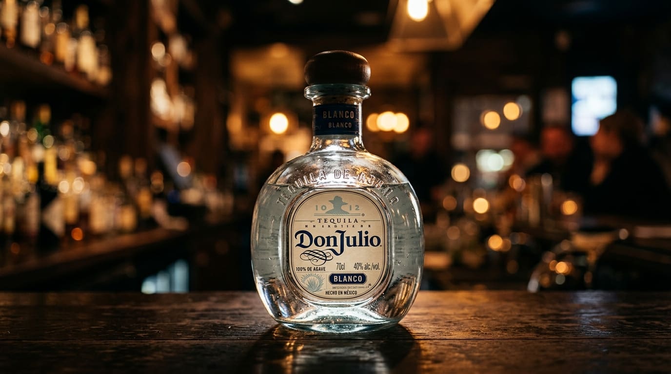 Don Julio Blanco tequila bottle on a dark bar.