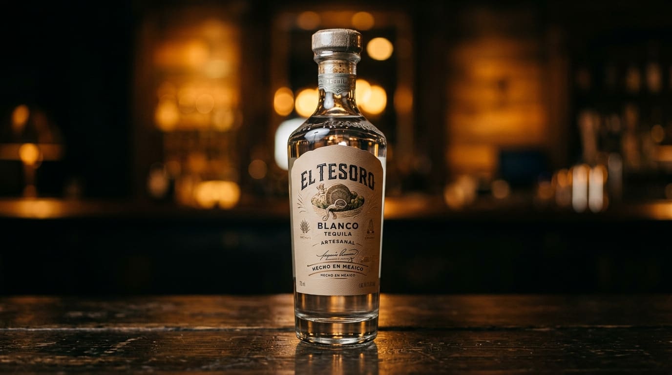 El Tesoro Blanco tequila bottle on a dark bar.