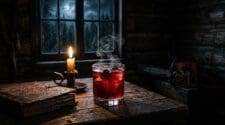 Dark wooden cabin with blood-red smoking cocktail, candle, and ancient leather book