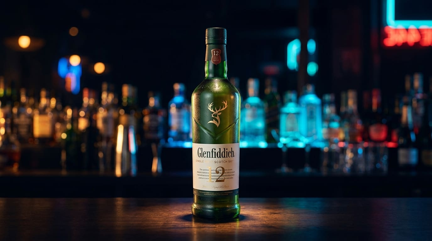 Glenfiddich 12 single malt Scotch bottle on a dark bar.