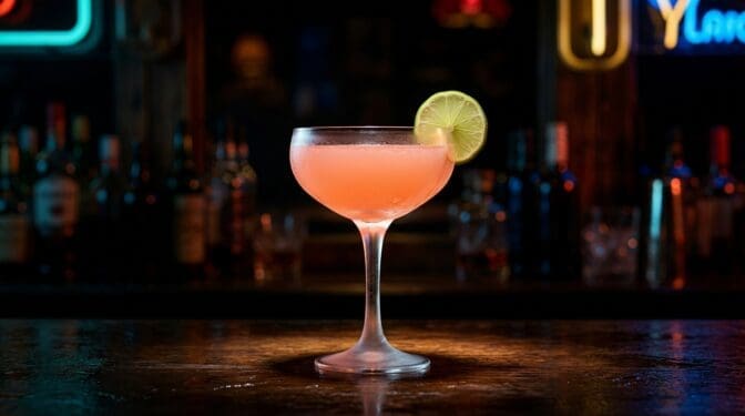 Hemingway Daiquiri cocktail in a chilled coupe glass, pale pink colour from grapefruit juice with rum