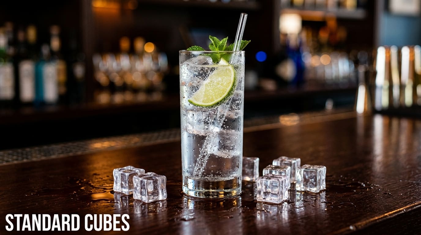 A tall highball glass with multiple 1-inch clear ice cubes and a Gin and Tonic with a lime wedge.