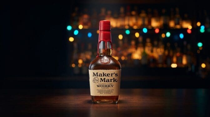 Maker's Mark bourbon bottle on a dark bar.