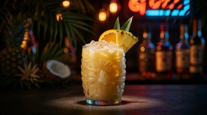 Painkiller cocktail in a tiki rocks glass over crushed ice with grated nutmeg, orange wheel and pineapple wedge
