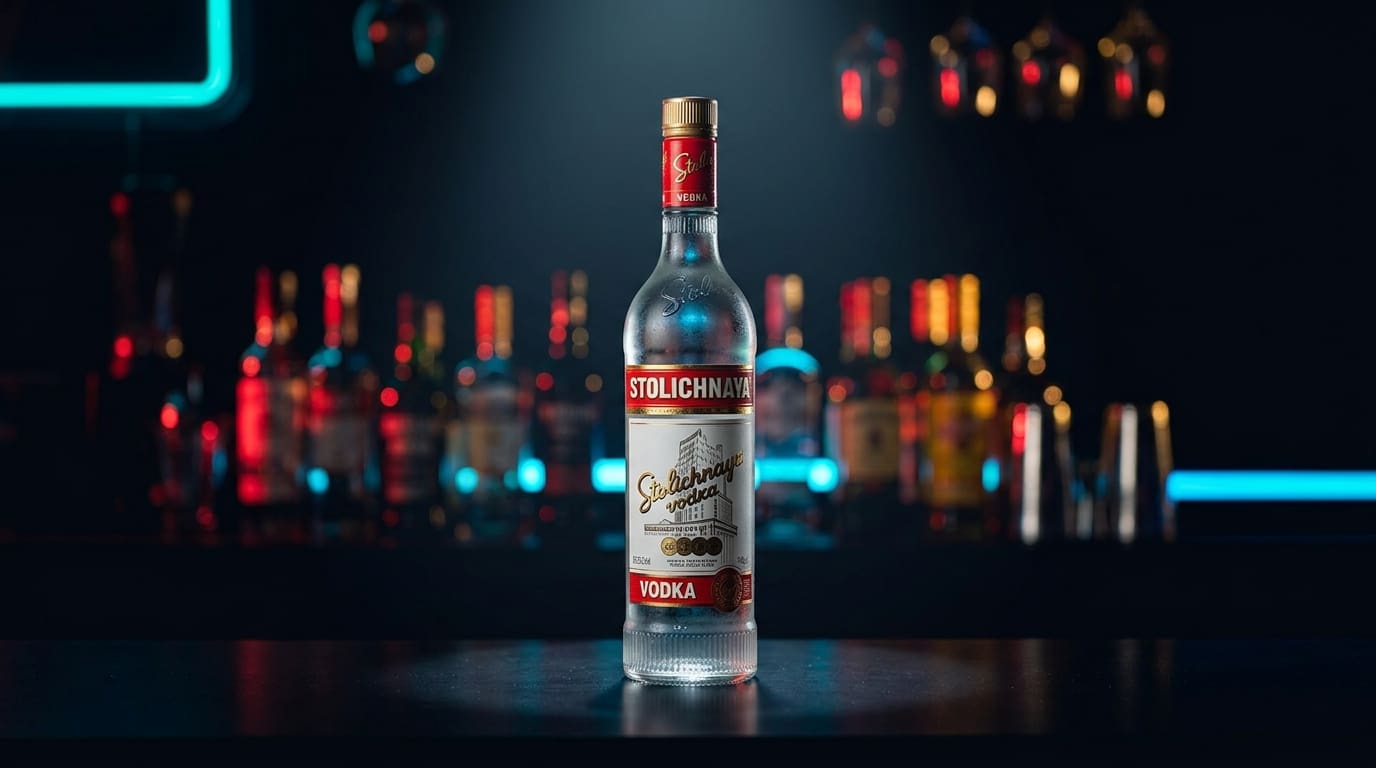 Stolichnaya vodka bottle on a dark bar.