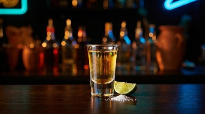 Traditional tequila shot setup with salt, lime wedge and a shot glass of tequila on a wooden bar
