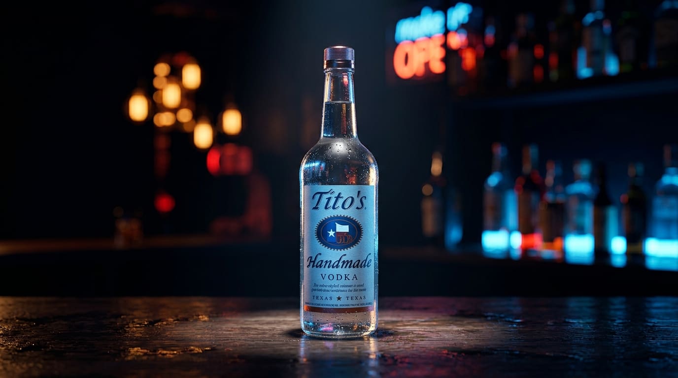 Tito's Handmade Vodka bottle on a dark bar.