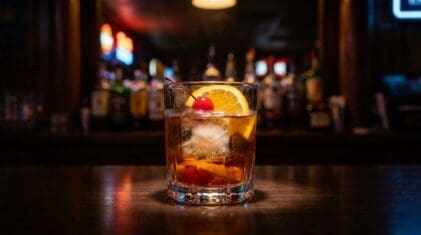 Brandy Old Fashioned cocktail in a rocks glass with brandy, muddled orange and cherry, large ice cube