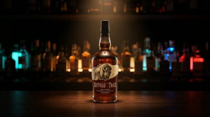 Buffalo Trace bourbon bottle on a dark bar.