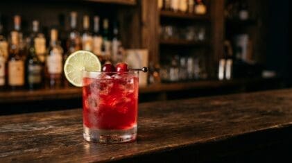 Code Red cherry cocktail in a rocks glass with a lime wheel