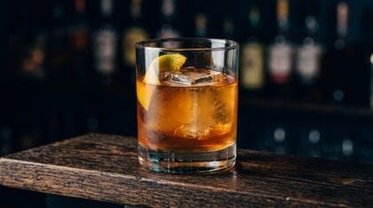 Amer Biere cocktail in rocks glass with clear ice